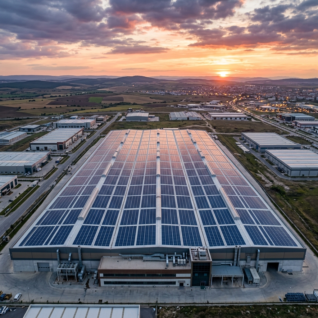 Gün batımında sanayi bölgesindeki çatı güneş enerjisi santrali, havadan görünüm
